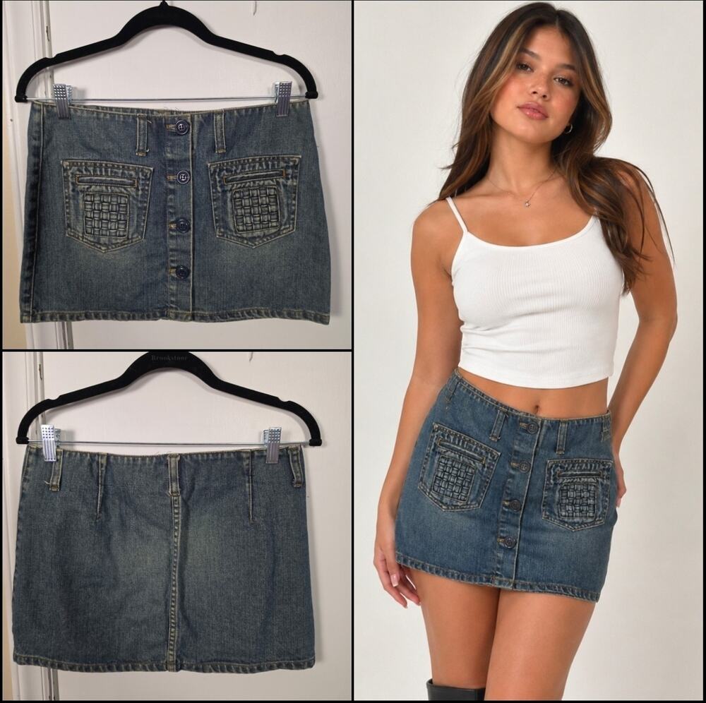 American Eagle Size 2 Women Button Up High Rise A-Line Blue Denim Mini Skirt Y2K